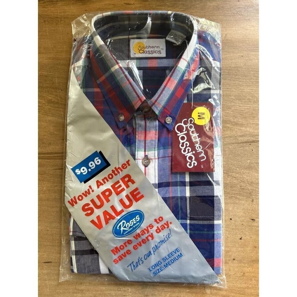 Southern Classics Mens Vintage Plaid Button Up Shirt Long Sleeve Size Medium NOS
